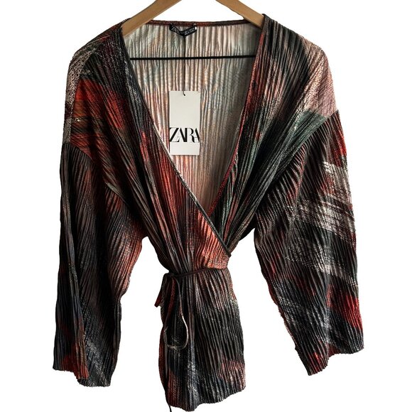 Zara Tops - NWT Zara V-Neck Printed Pleated Self Tie Kimono Top Sz: Small